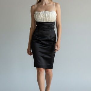 Vintage Victor Costa Black & White Satin Ruched Cocktail Dress With Spaghetti St